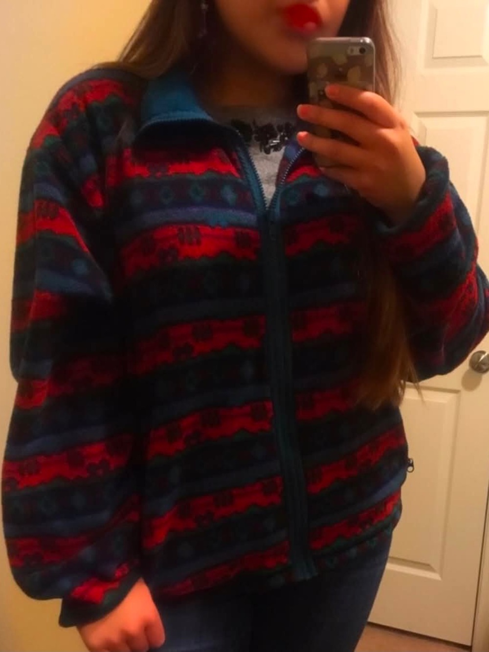 L.L. Bean Red and Teal Patterned Zip-Up Fleece Sweater